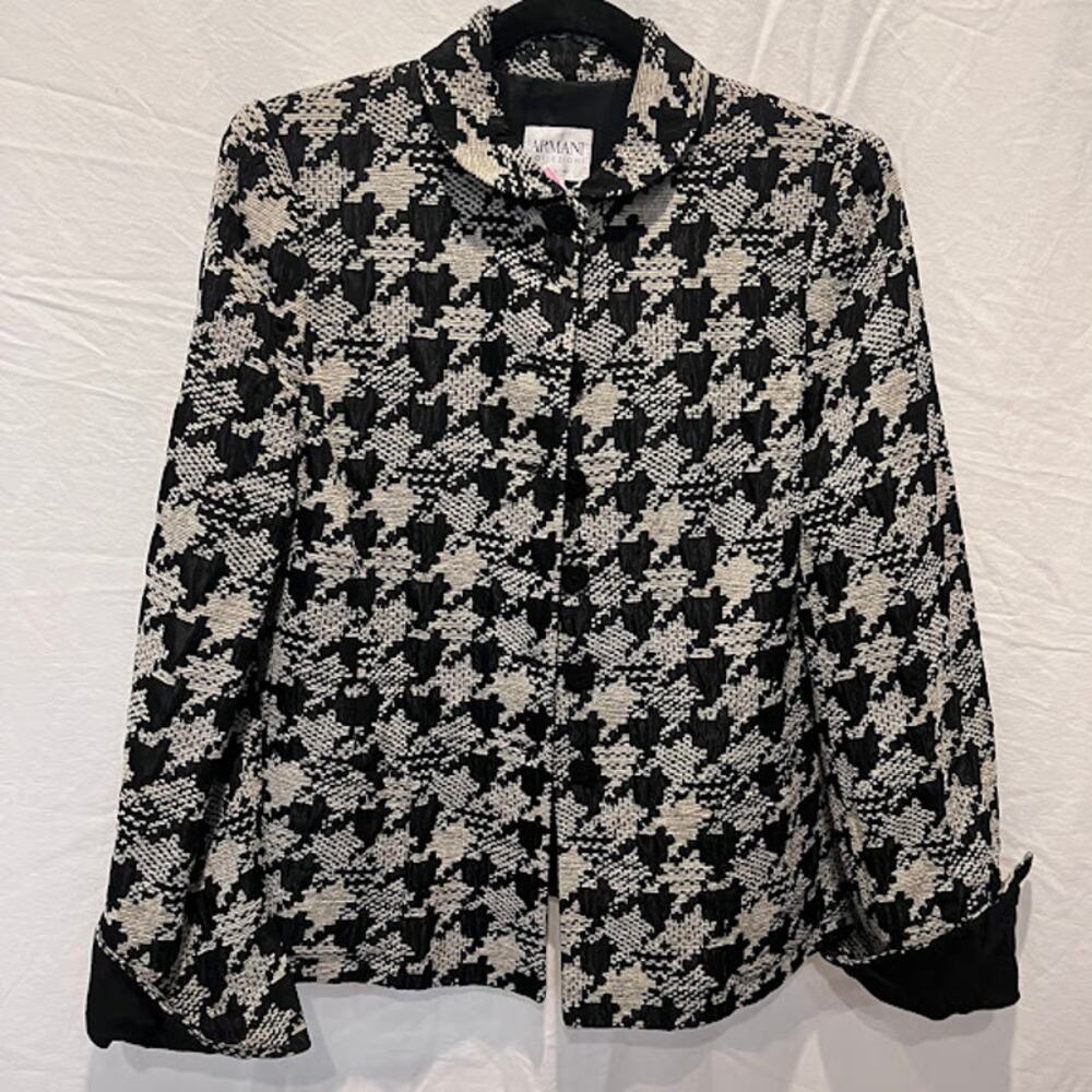 Armani Collezioni Black Cream Herringbone Pattern Button Front Jacket Designer